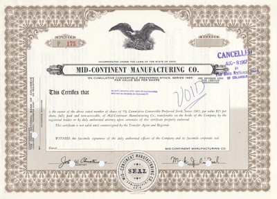 Mid-Continent Manufacturing Co. Stock Certificate