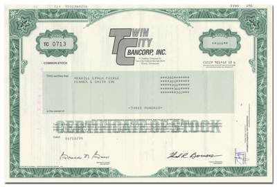 Twin City Bancorp, Inc. Stock Certificate