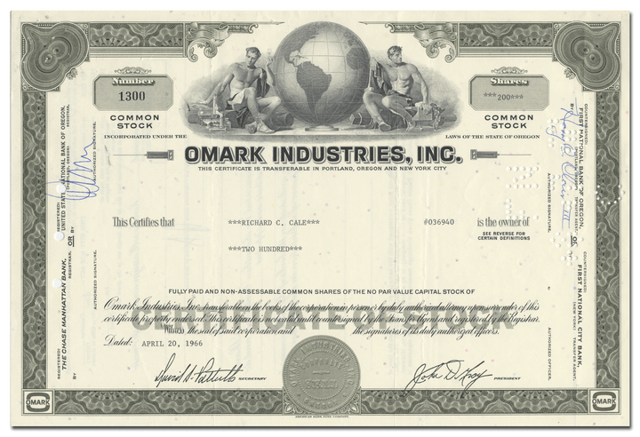 Omark Industries, Inc. Stock Certificate