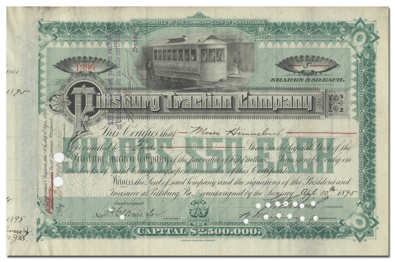 Pittsburg Traction Company Stock Certificate