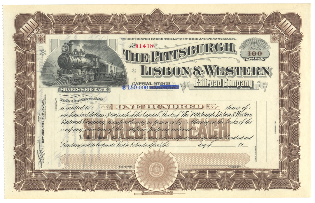 Pittsburgh, Lisbon & Western Railroad Company Stock Certificate