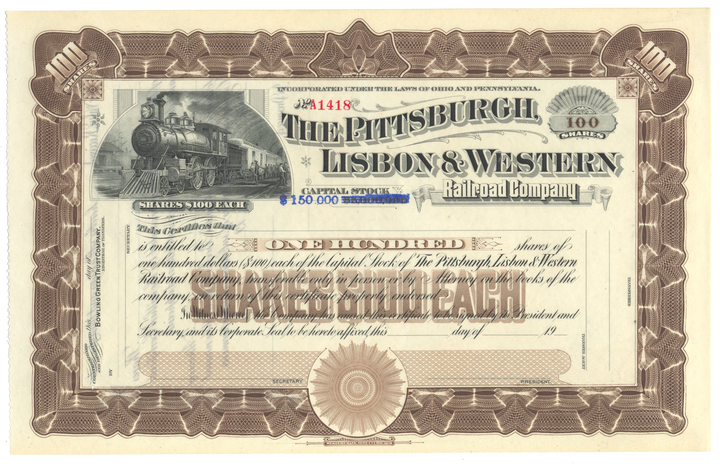 Pittsburgh, Lisbon & Western Railroad Company Stock Certificate