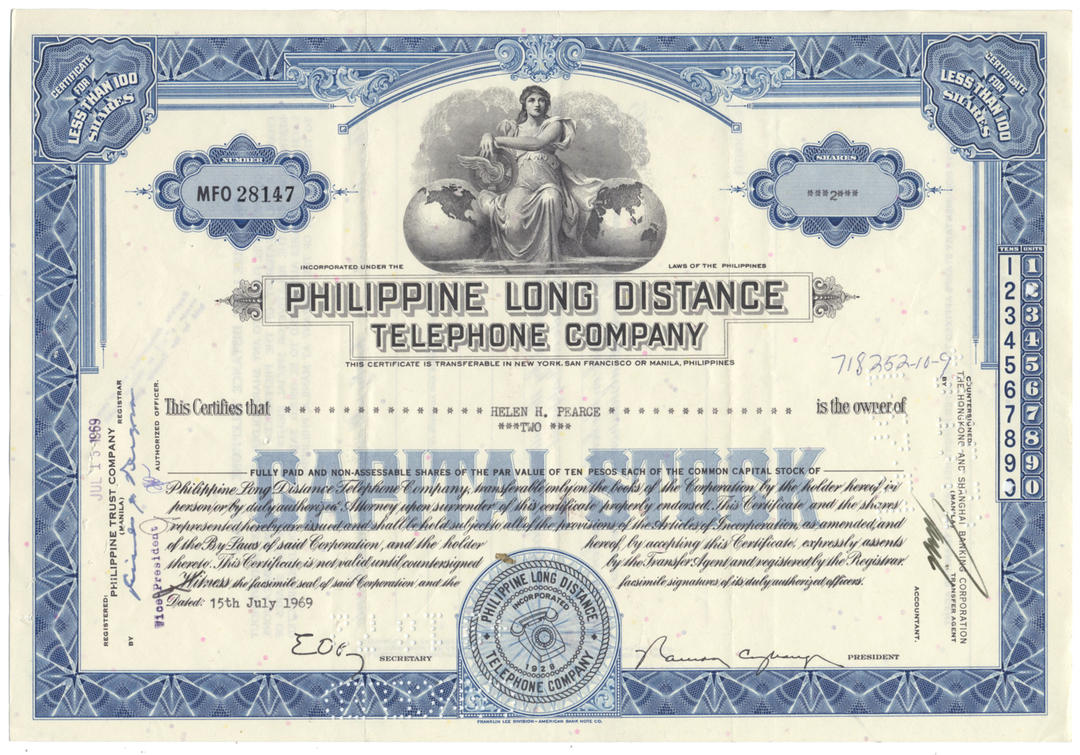 Philippine Long Distance Telephone Company Stock Certificate