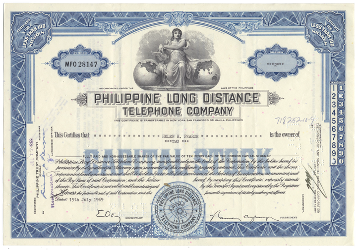 Philippine Long Distance Telephone Company Stock Certificate