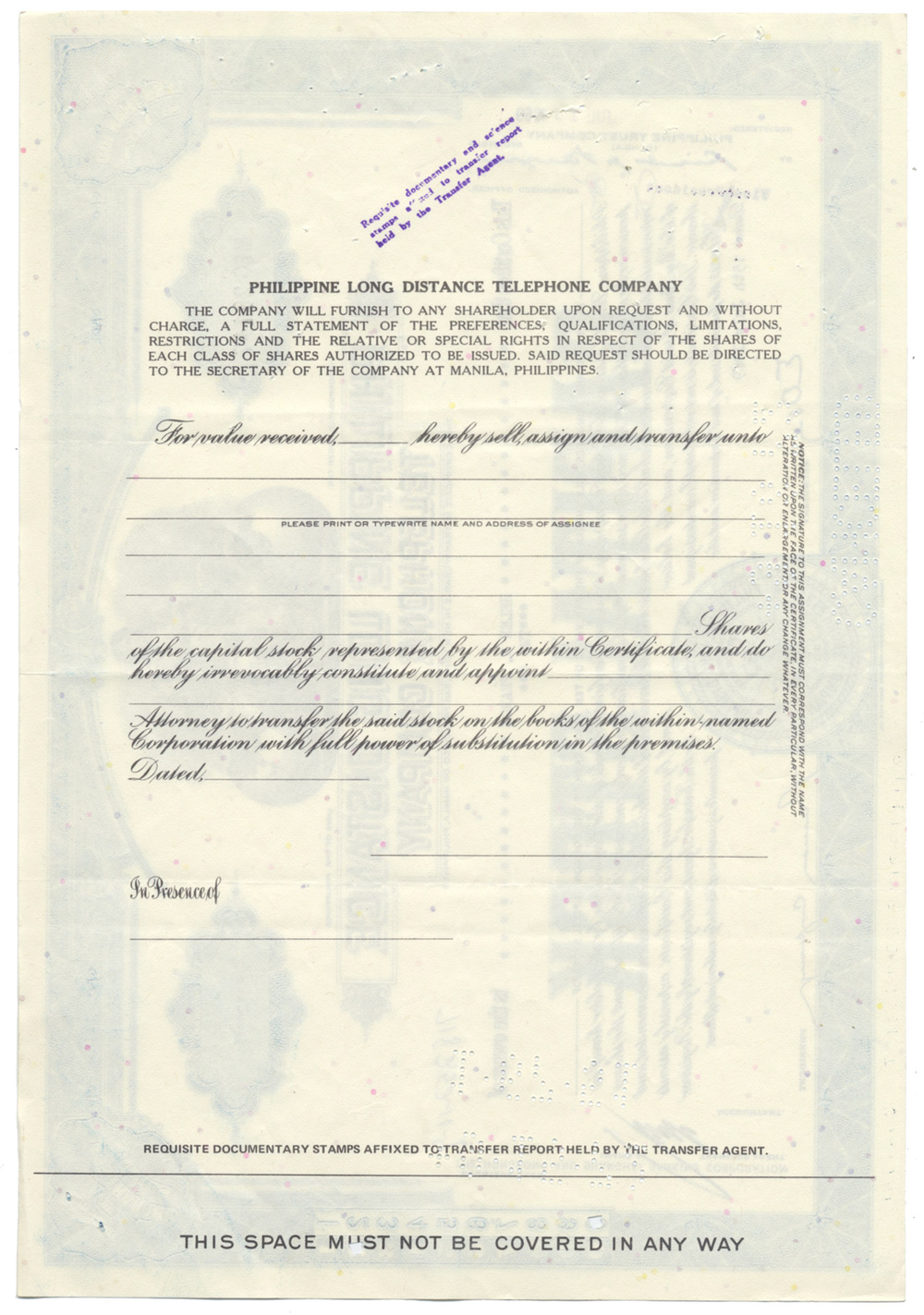 Philippine Long Distance Telephone Company Stock Certificate