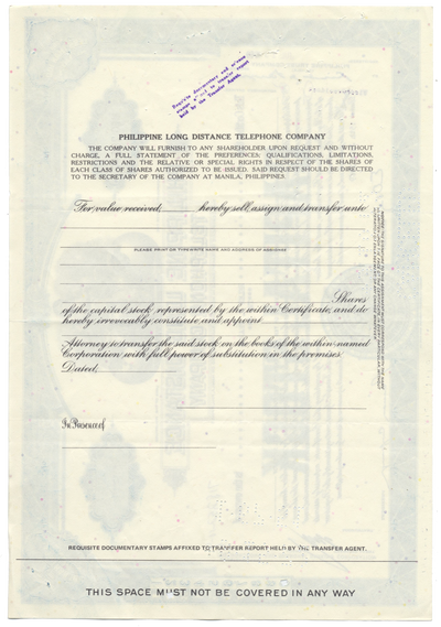 Philippine Long Distance Telephone Company Stock Certificate