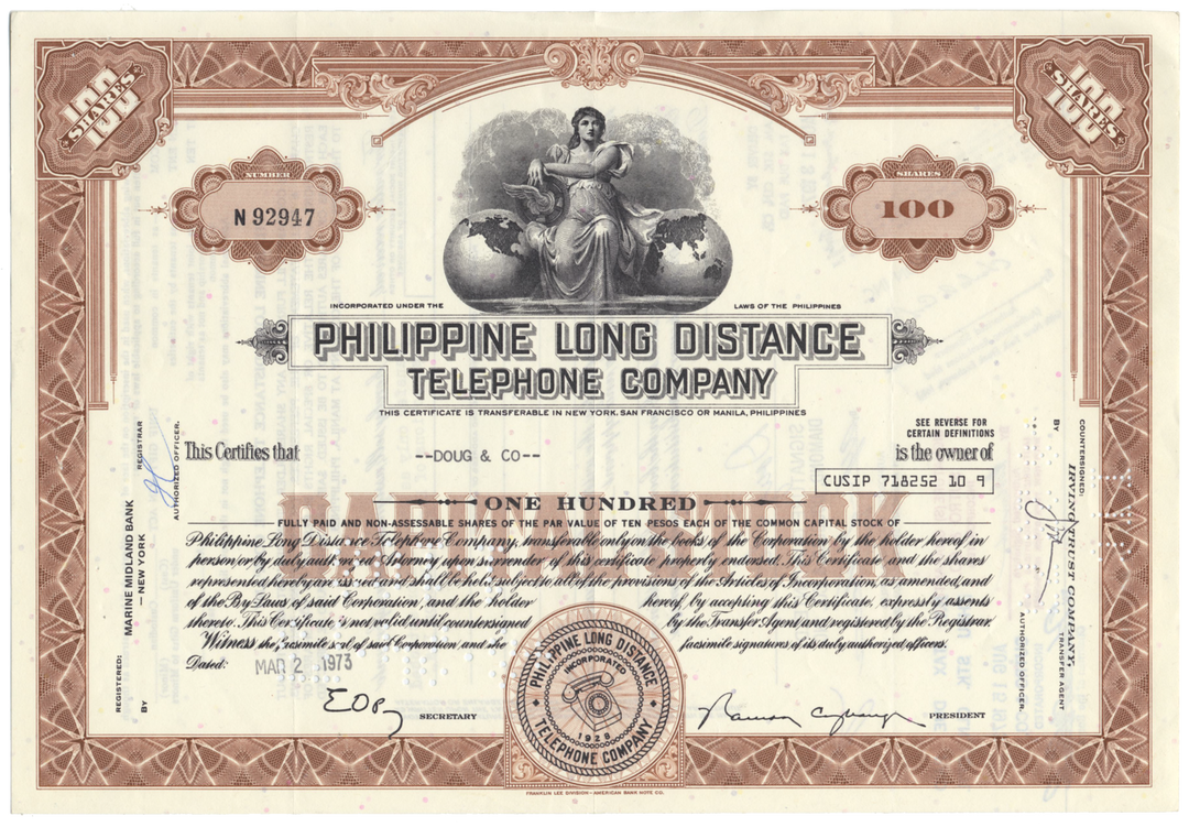 Philippine Long Distance Telephone Company Stock Certificate