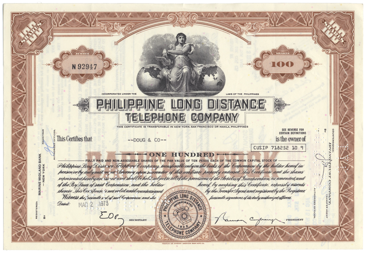 Philippine Long Distance Telephone Company Stock Certificate