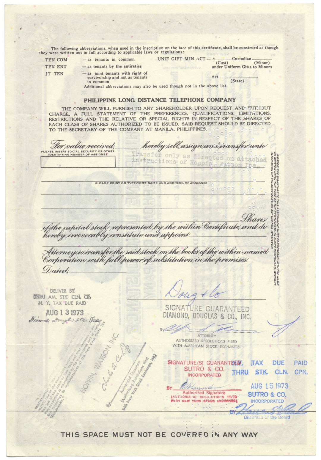 Philippine Long Distance Telephone Company Stock Certificate