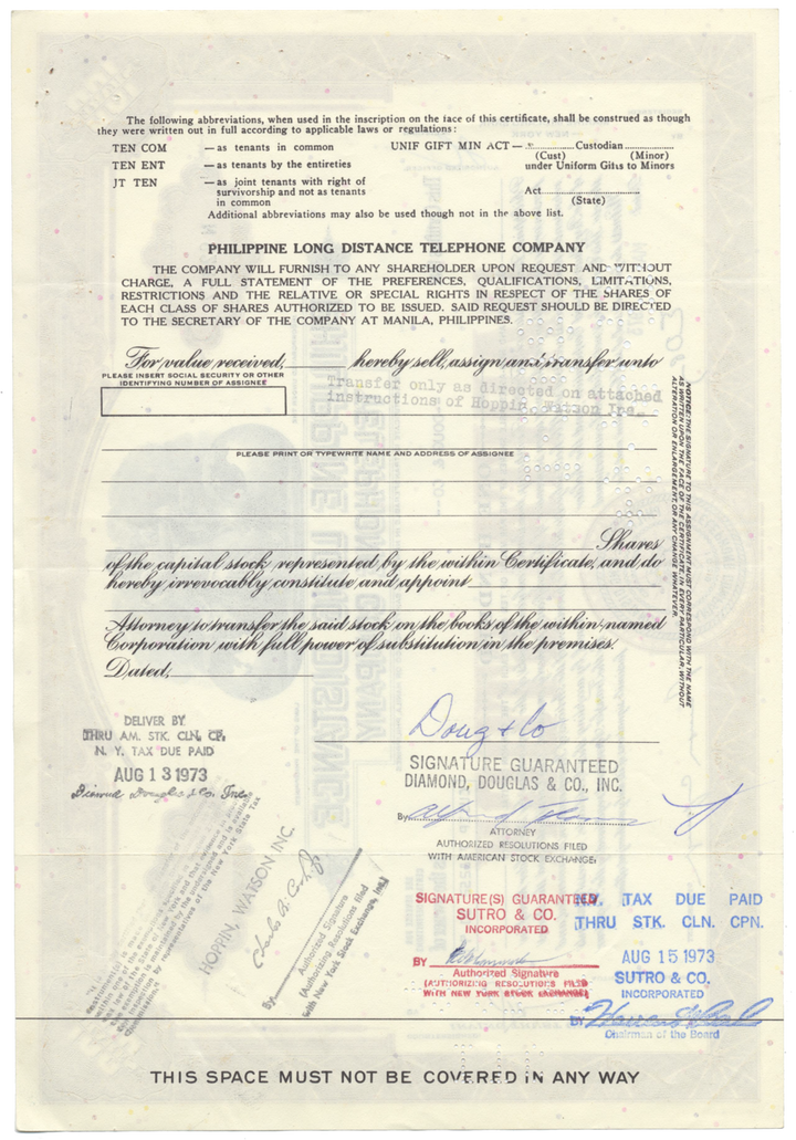 Philippine Long Distance Telephone Company Stock Certificate