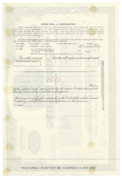 Union Pacific Corporation Stock Certificate