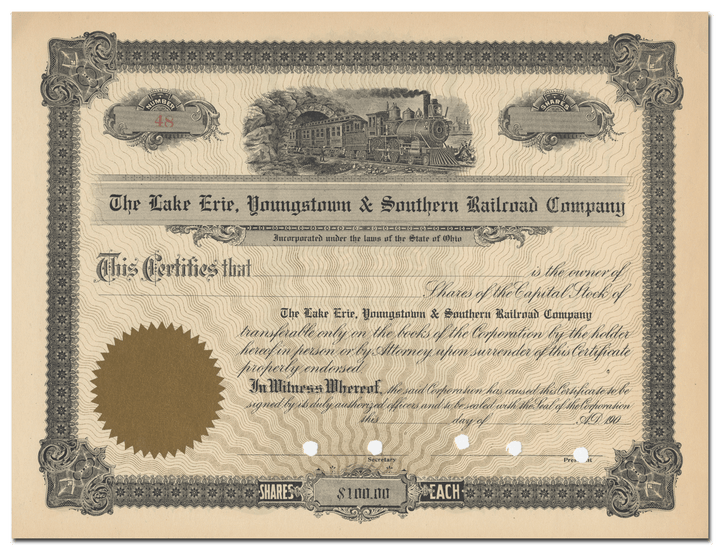 Lake Erie, Youngstown & Southern Railroad Company Stock Certificate