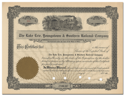 Lake Erie, Youngstown & Southern Railroad Company Stock Certificate