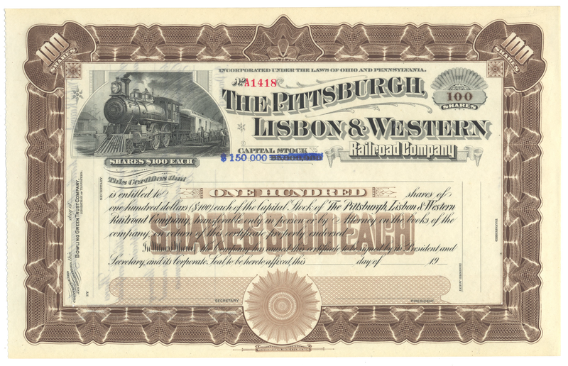 Pittsburgh, Lisbon & Western Railroad Company Stock Certificate