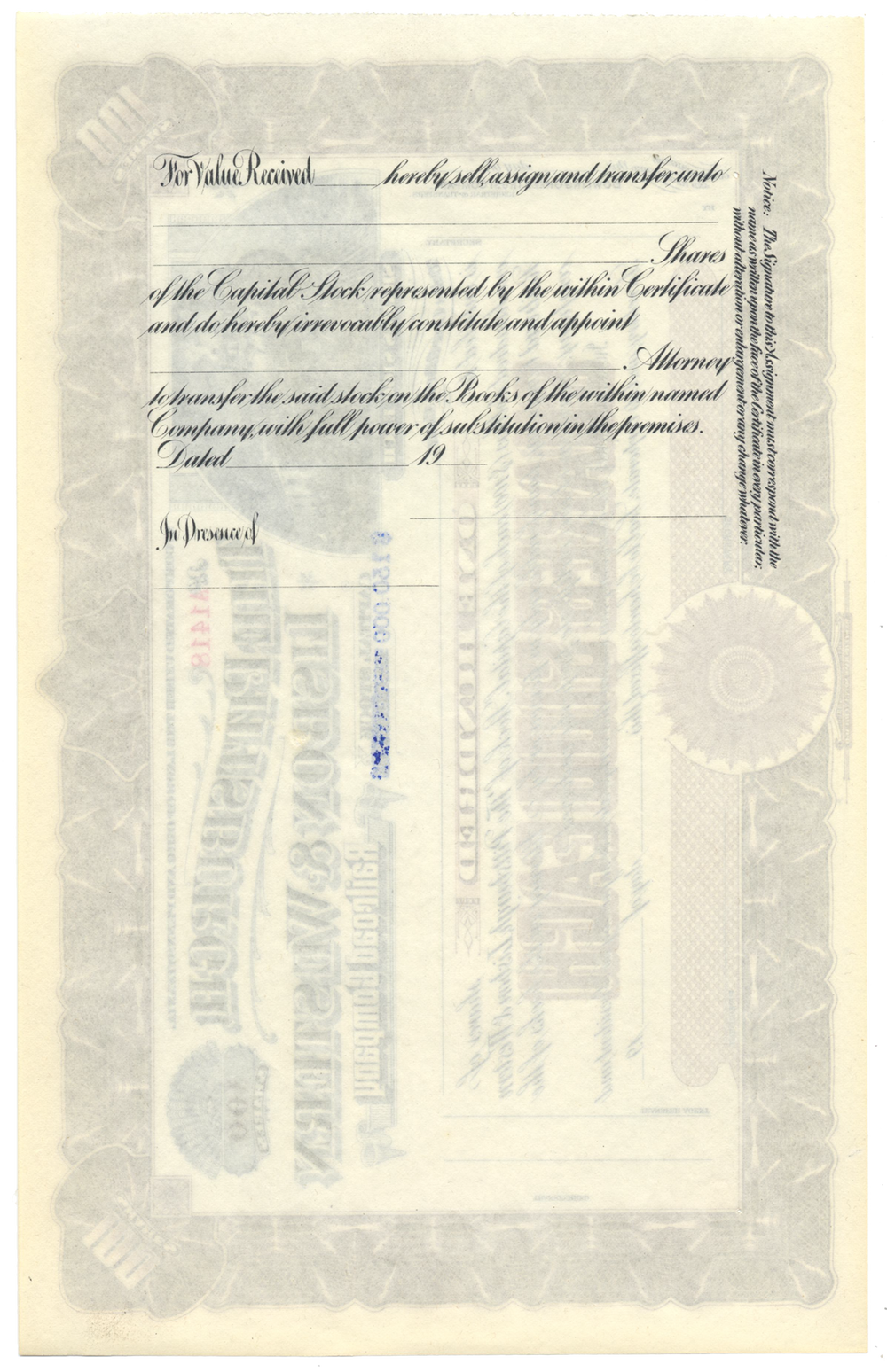 Pittsburgh, Lisbon & Western Railroad Company Stock Certificate