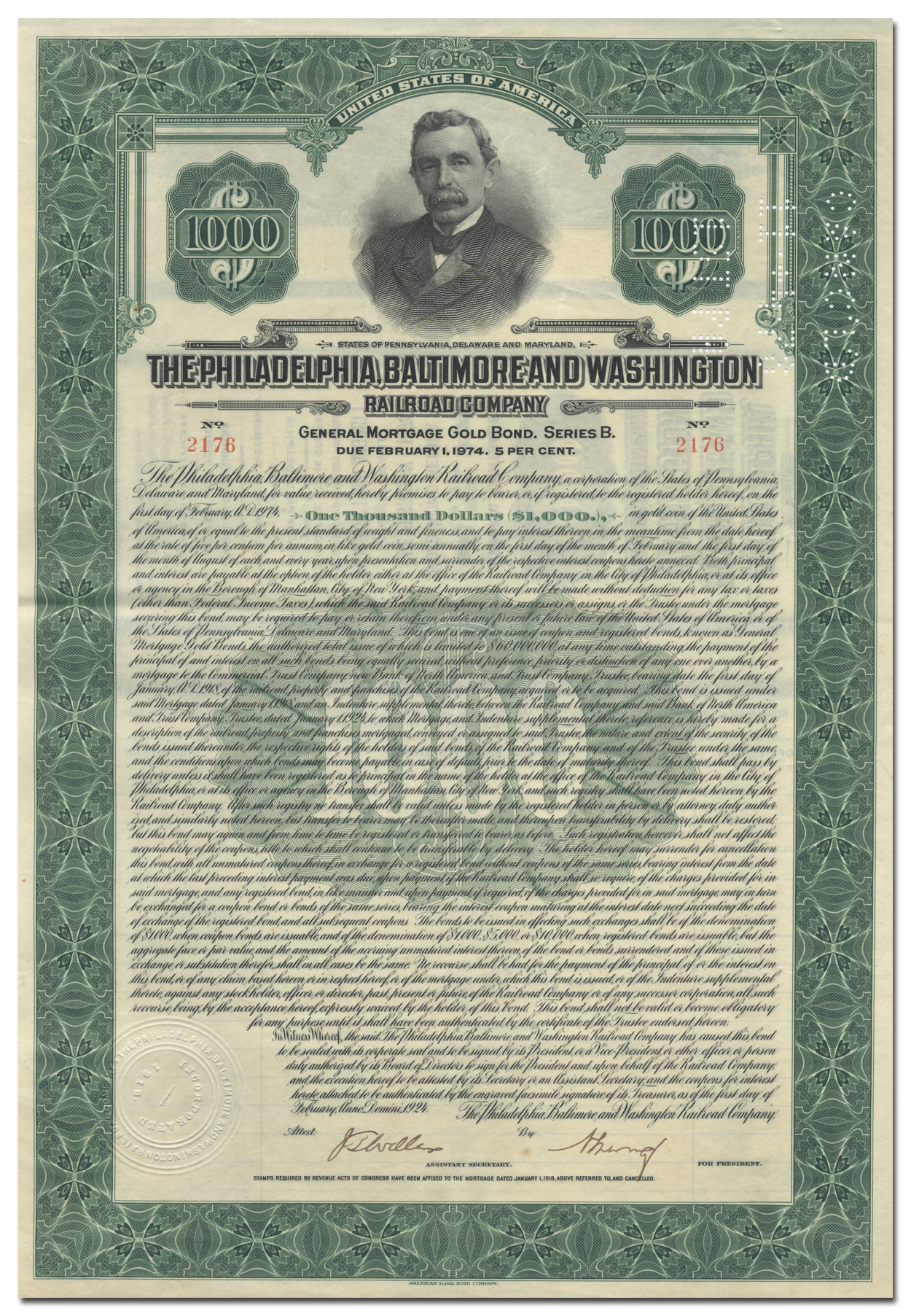 Philadelphia, Baltimore and Washington Railroad Company Bond Certificate