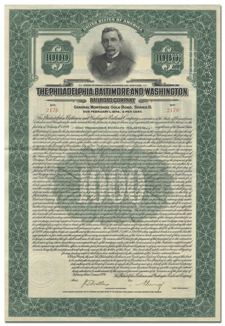 Philadelphia, Baltimore and Washington Railroad Company Bond Certificate