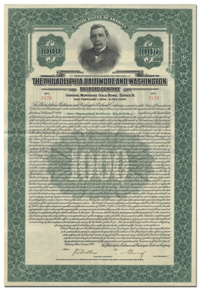 Philadelphia, Baltimore and Washington Railroad Company Bond Certificate