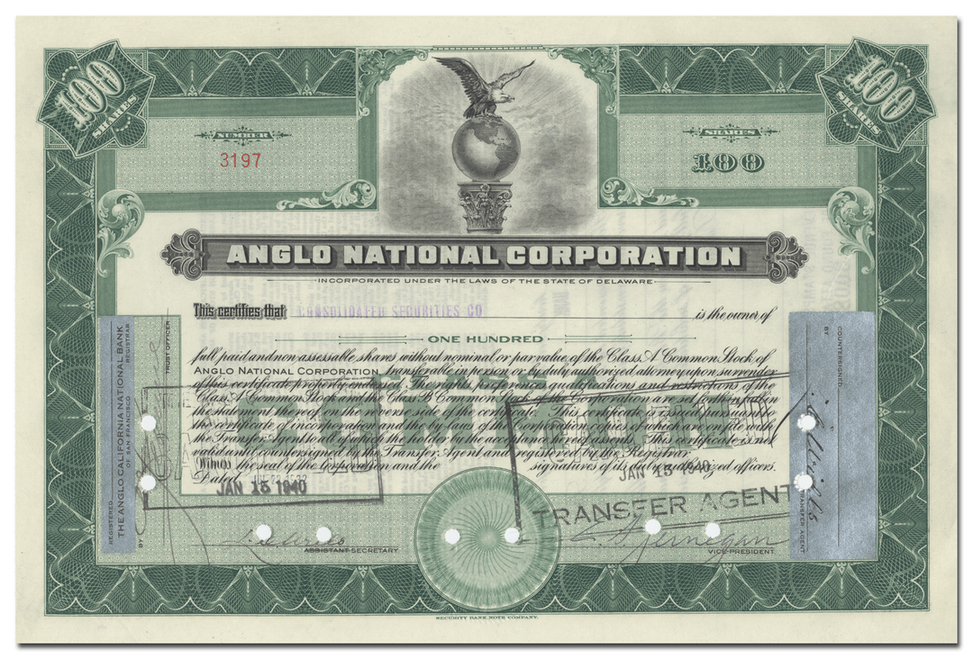 Anglo National Corporation Stock Certificate