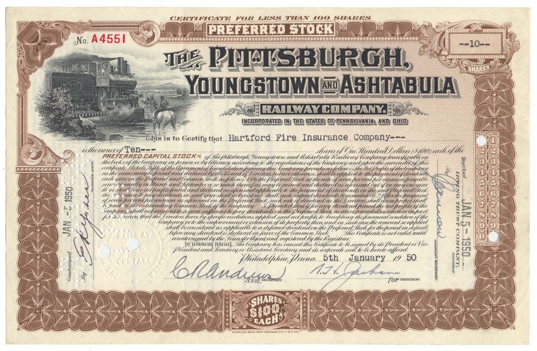 Pittsburgh, Youngstown & Ashtabula Railroad Company Stock Certificate