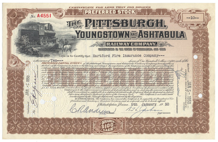 Pittsburgh, Youngstown & Ashtabula Railroad Company Stock Certificate