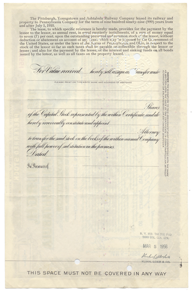 Pittsburgh, Youngstown & Ashtabula Railroad Company Stock Certificate