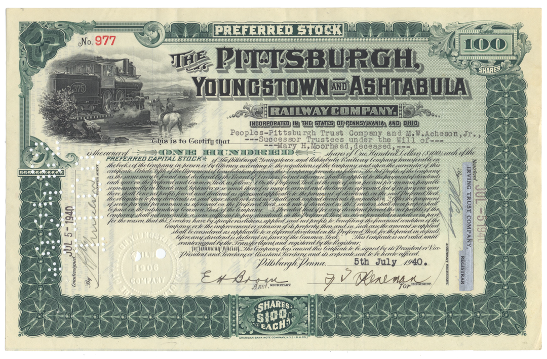 Pittsburgh, Youngstown & Ashtabula Railroad Company Stock Certificate