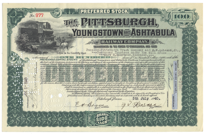 Pittsburgh, Youngstown & Ashtabula Railroad Company Stock Certificate