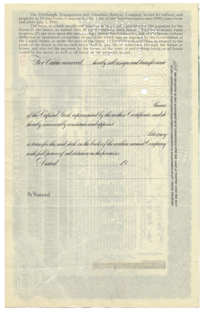 Pittsburgh, Youngstown & Ashtabula Railroad Company Stock Certificate