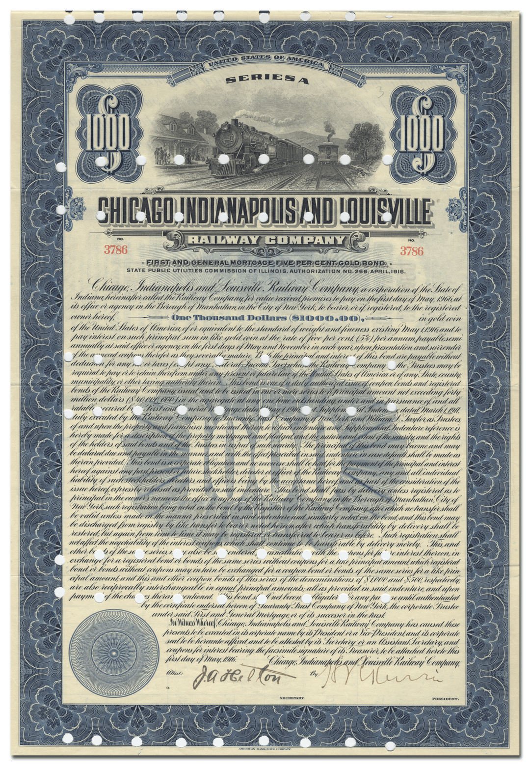 Chicago, Indianapolis and Louisville Railway Company Bond Certificate