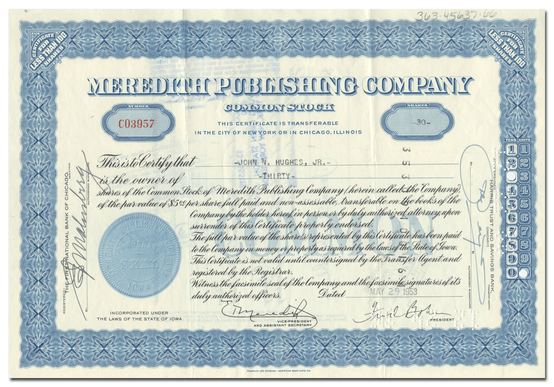 Meredith Publishing Company Stock Certificate