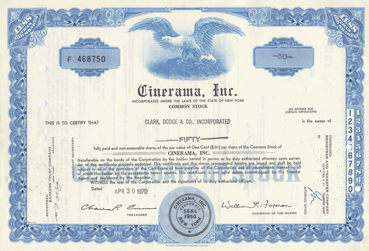 Cinerama, Inc. Stock Certificate