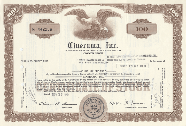 Cinerama, Inc. Stock Certificate