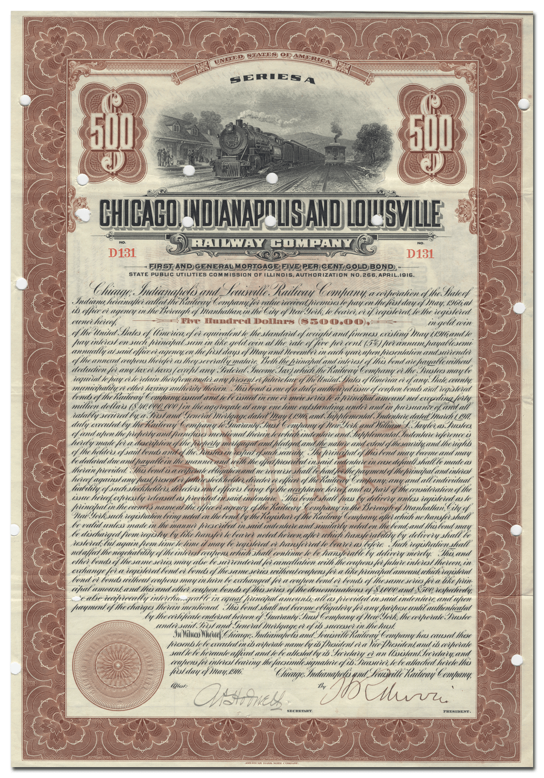 Chicago, Indianapolis and Louisville Railway Company Bond Certificate