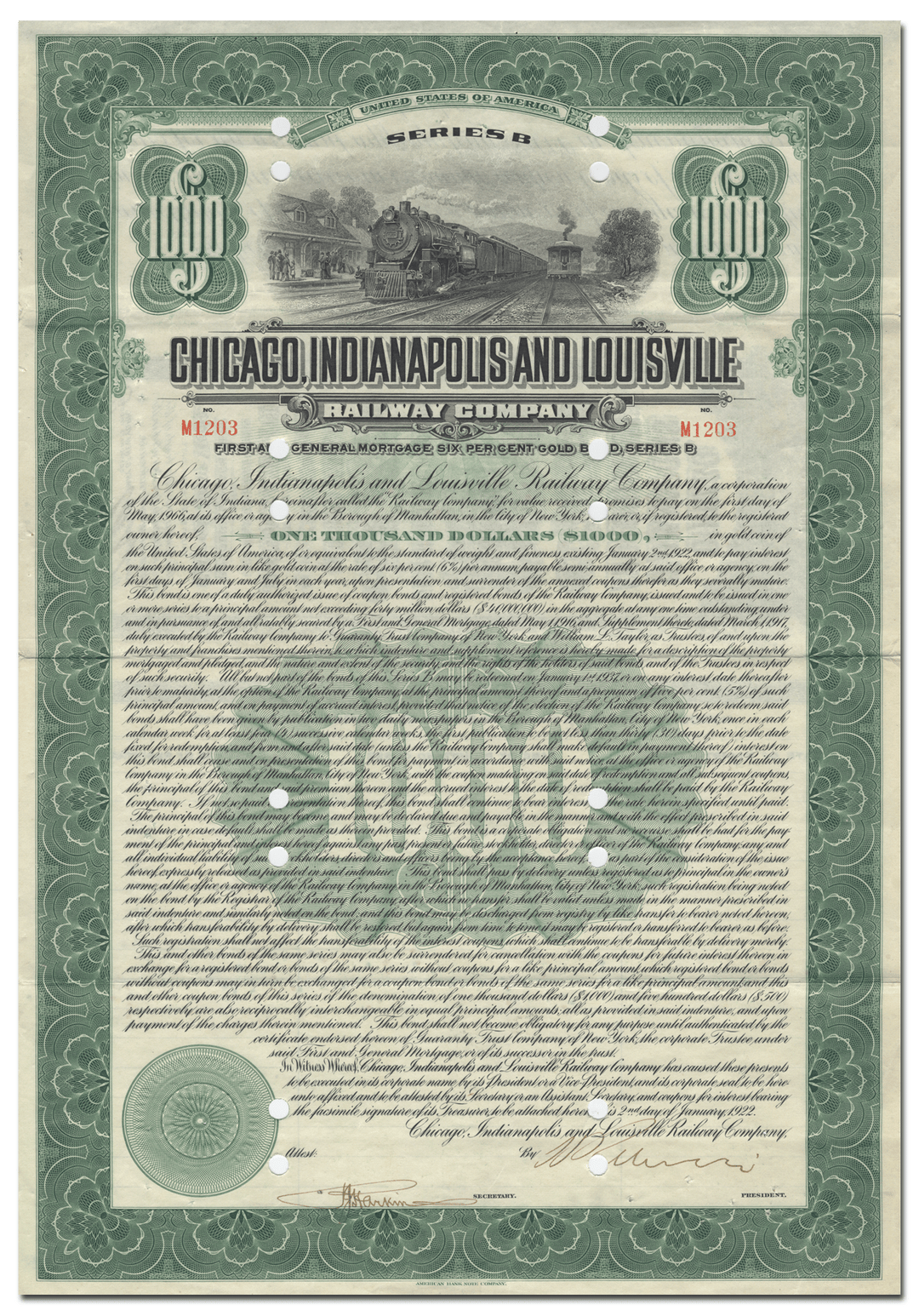 Chicago, Indianapolis and Louisville Railway Company Bond Certificate