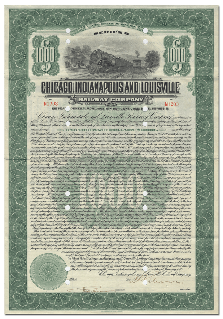 Chicago, Indianapolis and Louisville Railway Company Bond Certificate