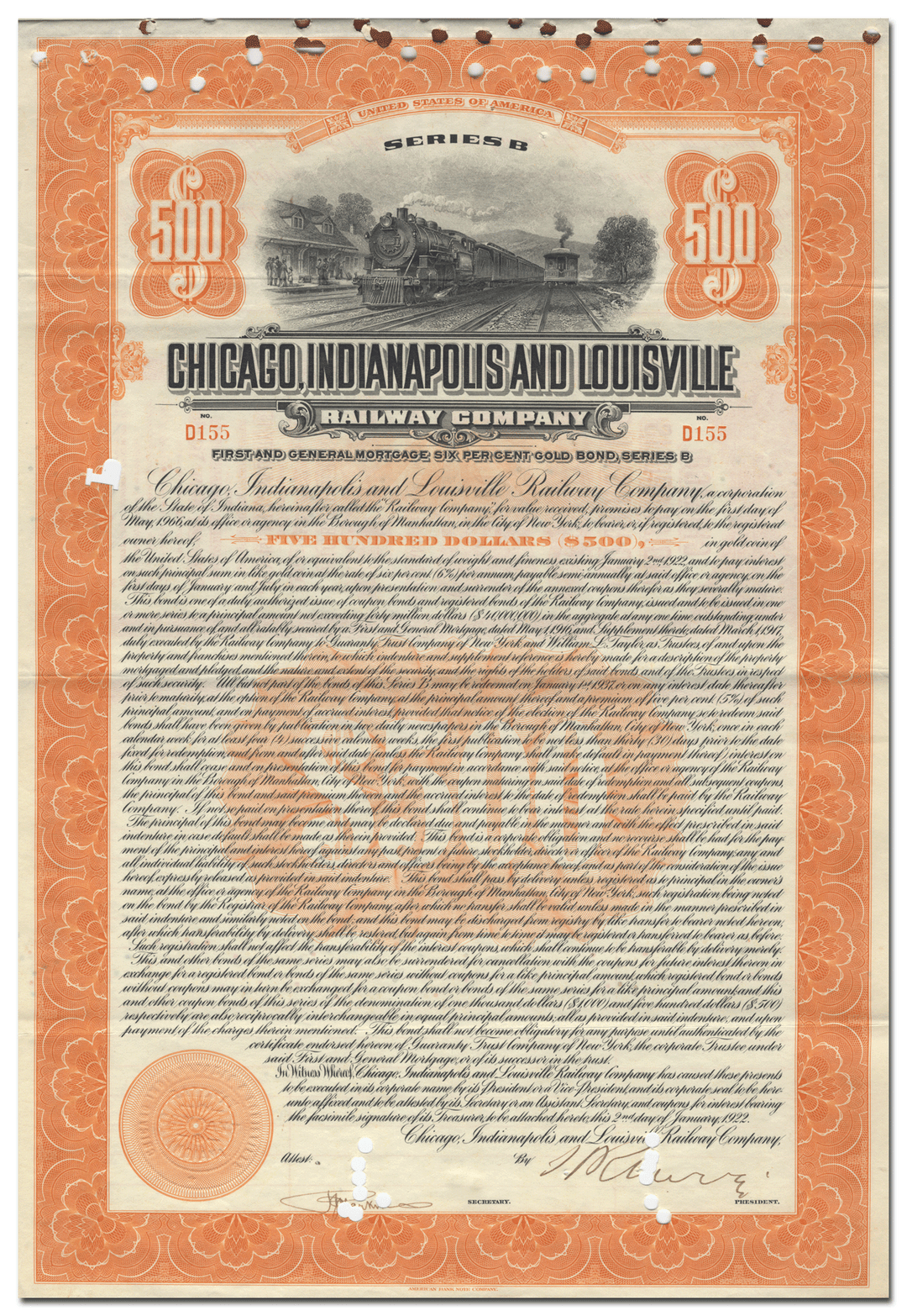 Chicago, Indianapolis and Louisville Railway Company Bond Certificate