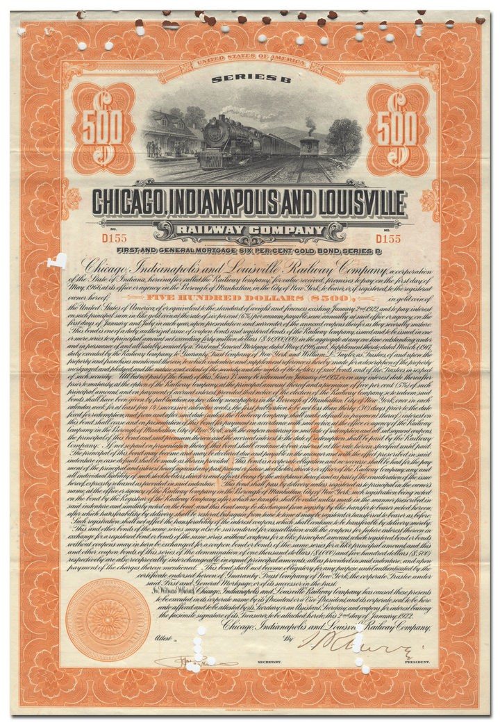 Chicago, Indianapolis and Louisville Railway Company Bond Certificate