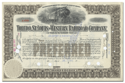 Toledo, St. Louis and Western Railroad Company Stock Certificate