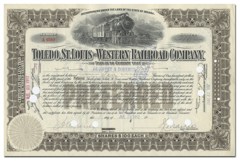 Toledo, St. Louis and Western Railroad Company Stock Certificate