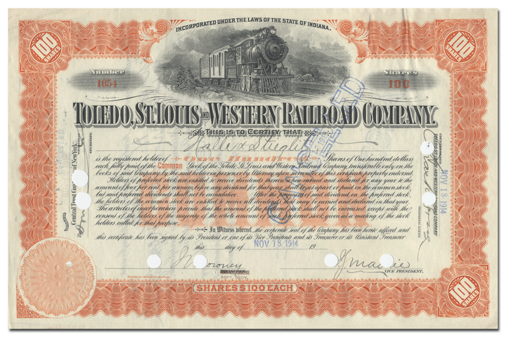 Toledo, St. Louis and Western Railroad Company Stock Certificate