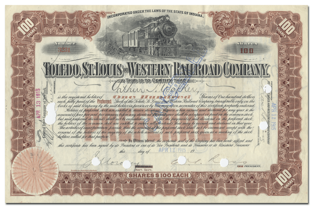 Toledo, St. Louis and Western Railroad Company Stock Certificate