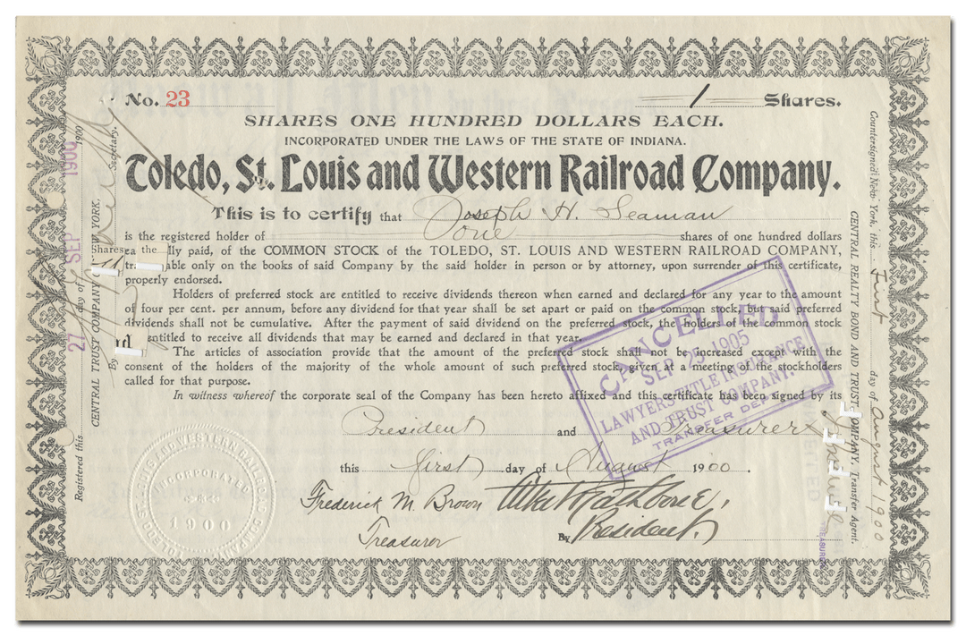 Toledo, St. Louis and Western Railroad Company Stock Certificate