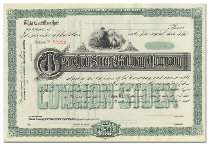 West End Street Railway Company Stock Certificate