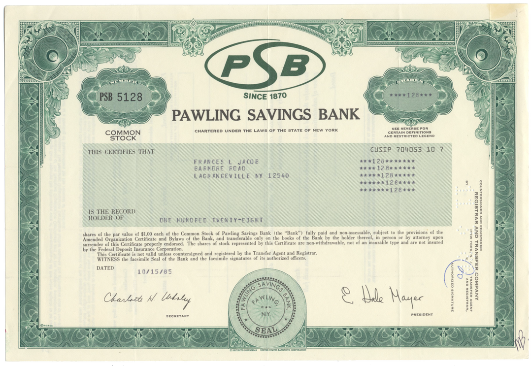 Pawling Savings Bank Stock Certificate