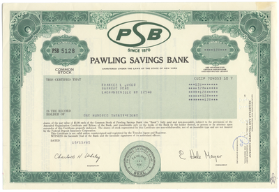 Pawling Savings Bank Stock Certificate