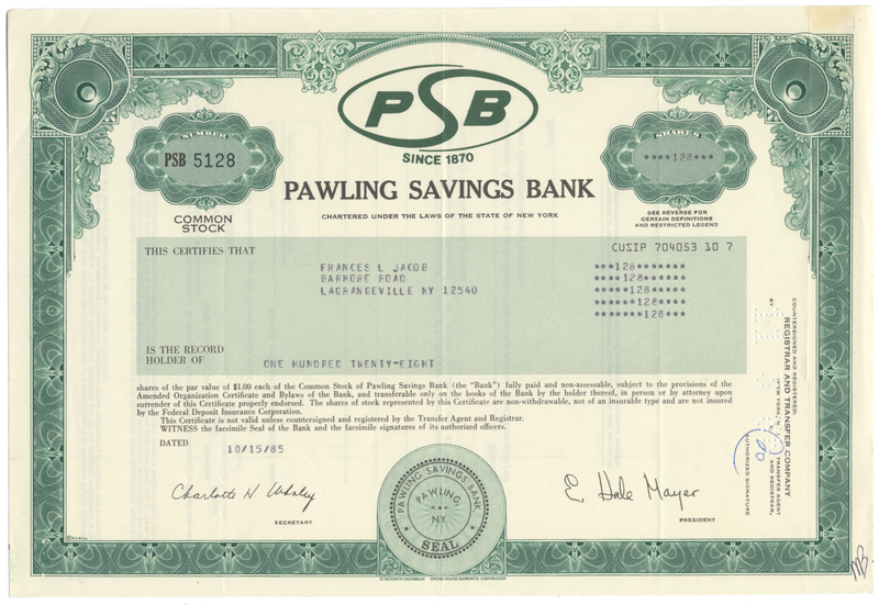Pawling Savings Bank Stock Certificate
