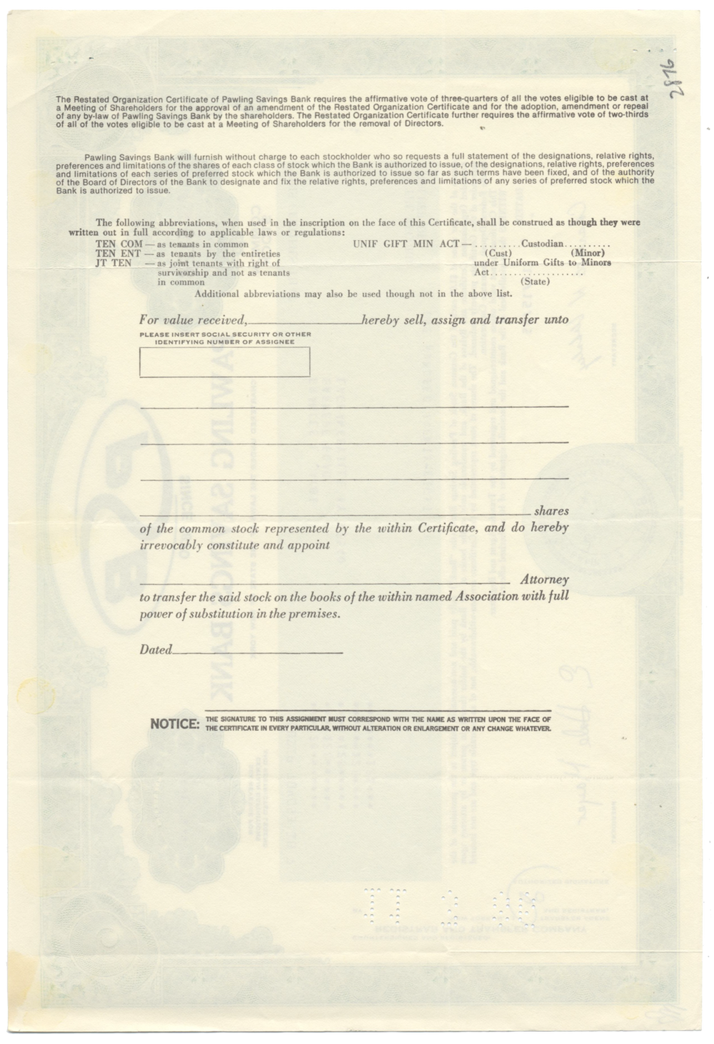 Pawling Savings Bank Stock Certificate