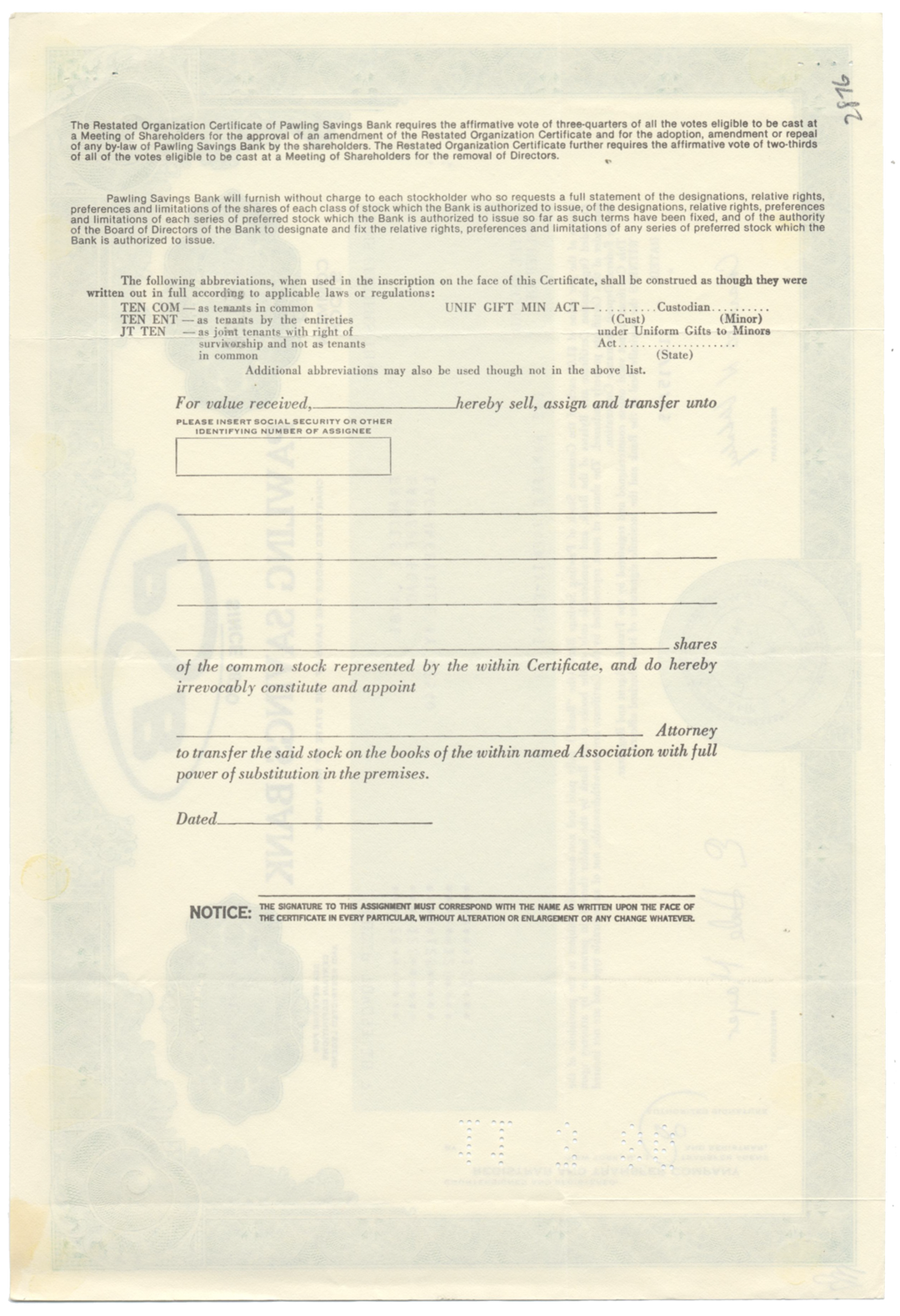 Pawling Savings Bank Stock Certificate