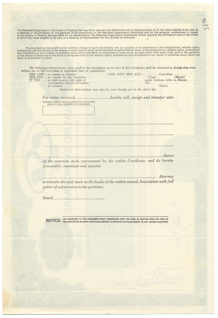 Pawling Savings Bank Stock Certificate